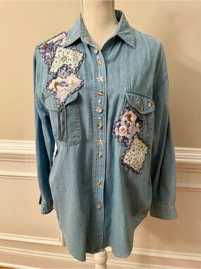 Manisha Women’s 100% Cotton Denim Patchwork Lace Vintage Style Button Down Sz M